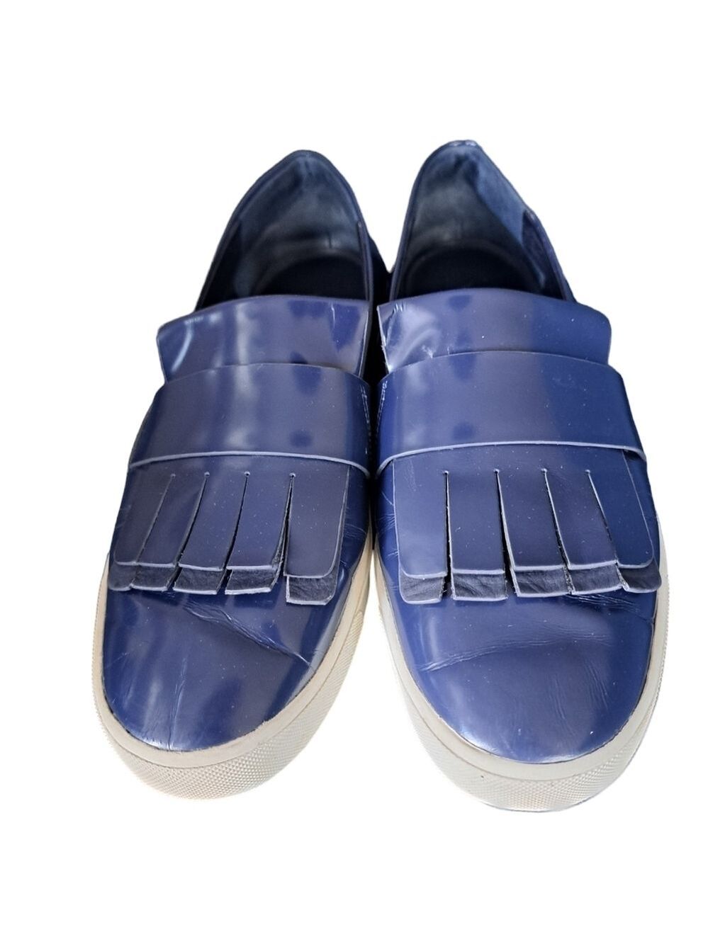 VINCE blue Patent Leather COVENTRY Slip On KILTIE Fringe Loafers Shoes ladies 8